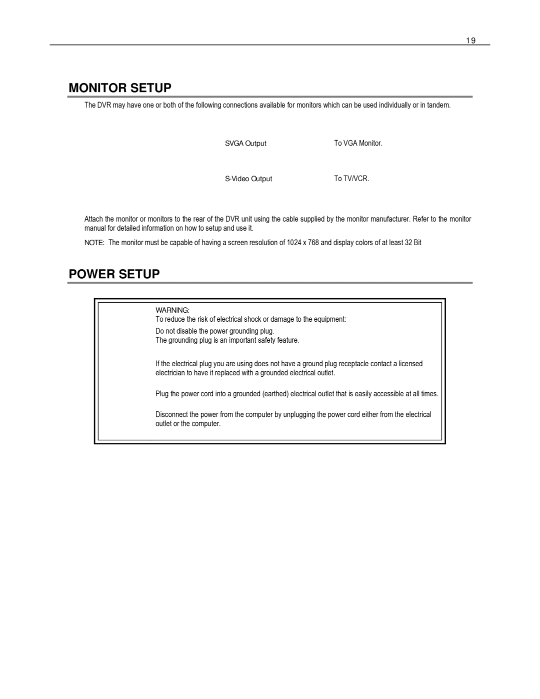 Toshiba HVR8-X, HVR32-X, HVR16-X user manual Monitor Setup, Power Setup, Svga Output To VGA Monitor Video Output To TV/VCR 