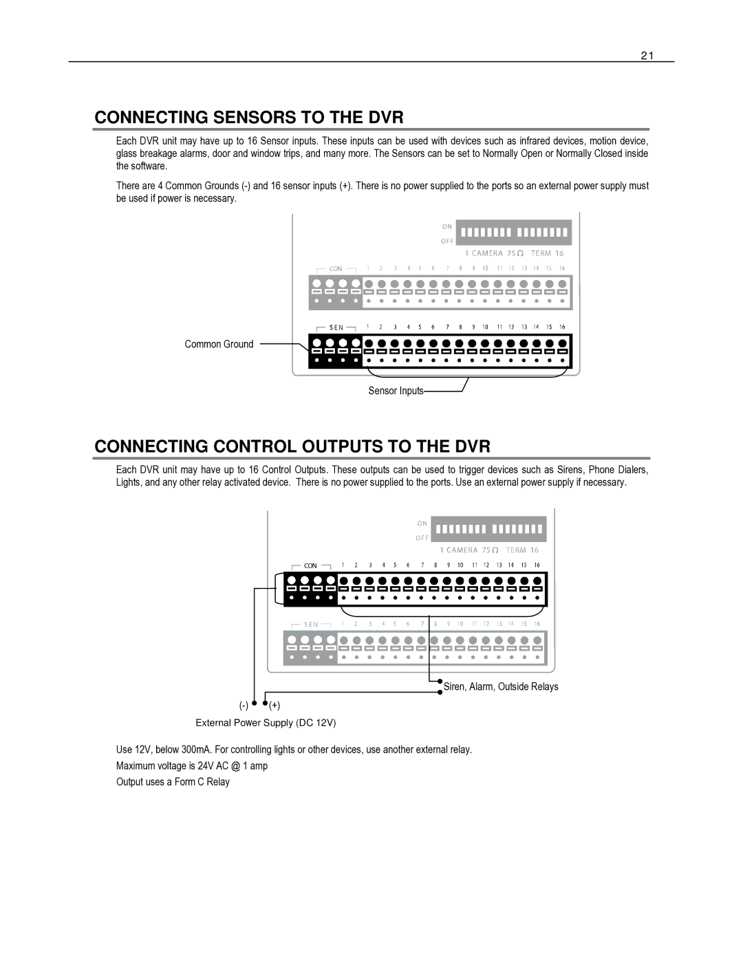 Toshiba HVR32-X, HVR8-X, HVR16-X user manual Connecting Sensors to the DVR, Connecting Control Outputs to the DVR 