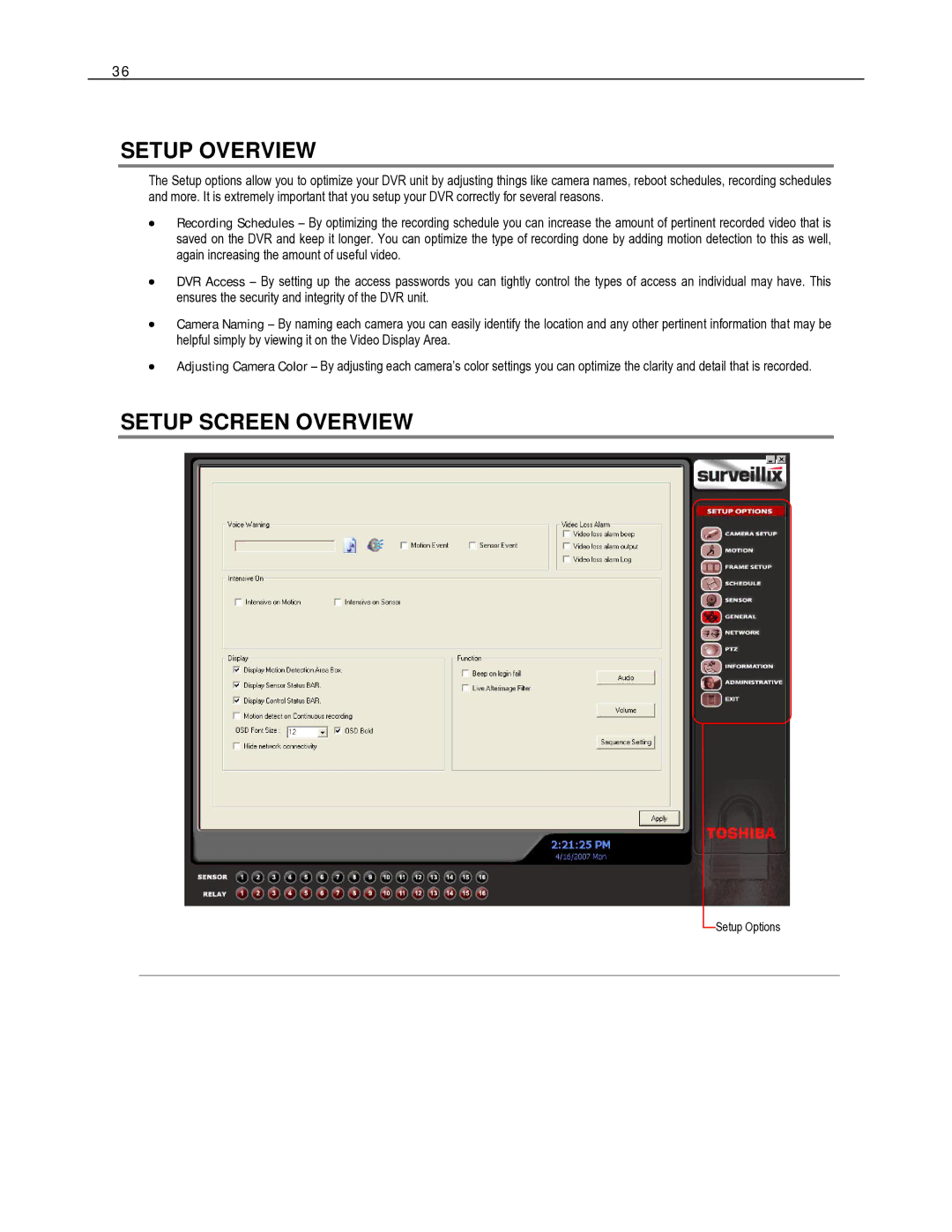 Toshiba HVR32-X, HVR8-X, HVR16-X user manual Setup Overview, Setup Screen Overview 