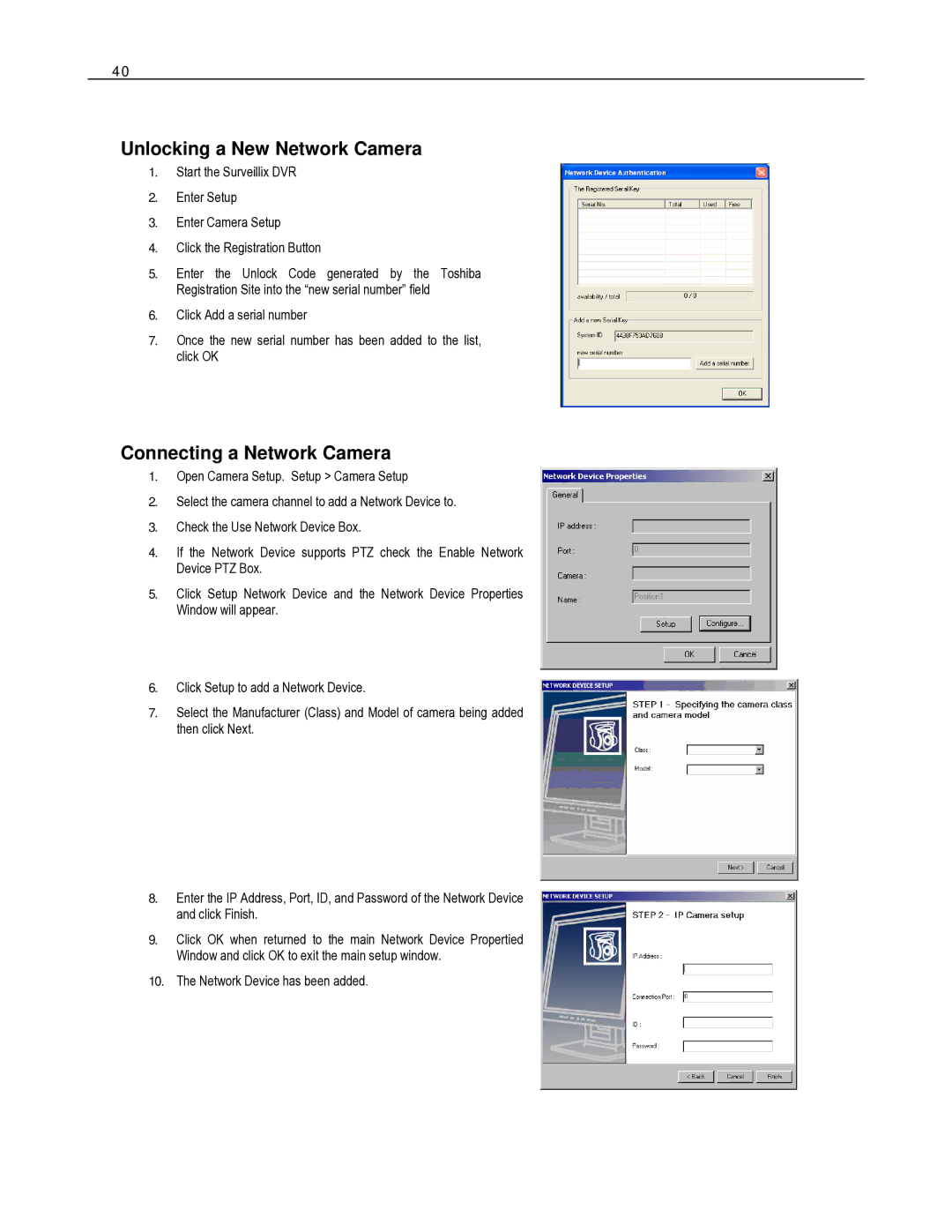 Toshiba HVR8-X, HVR32-X, HVR16-X user manual Unlocking a New Network Camera, Connecting a Network Camera 