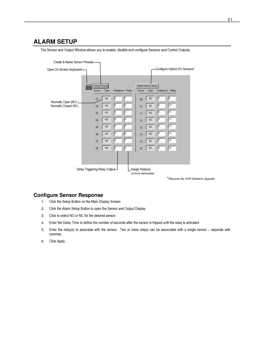 Toshiba HVR32-X, HVR8-X, HVR16-X user manual Alarm Setup, Configure Sensor Response 