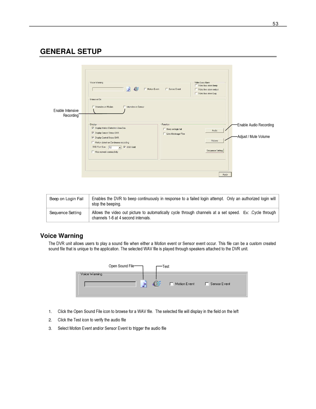 Toshiba HVR16-X, HVR32-X, HVR8-X user manual General Setup, Voice Warning, Beep on Login Fail, Sequence Setting 