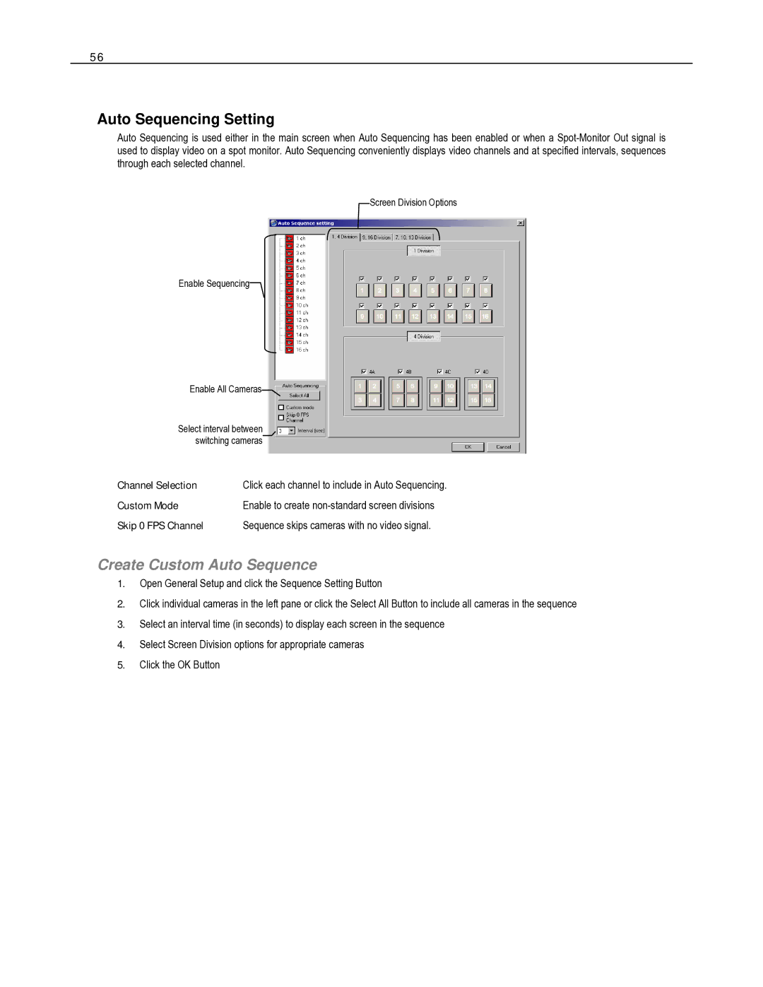 Toshiba HVR16-X Auto Sequencing Setting, Create Custom Auto Sequence, Channel Selection, Custom Mode, Skip 0 FPS Channel 