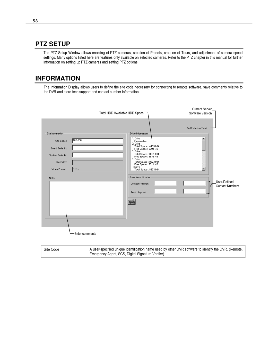 Toshiba HVR8-X, HVR32-X, HVR16-X user manual PTZ Setup, Information, Site Code 