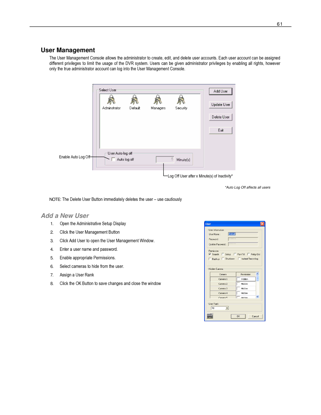 Toshiba HVR8-X, HVR32-X, HVR16-X user manual User Management, Add a New User 