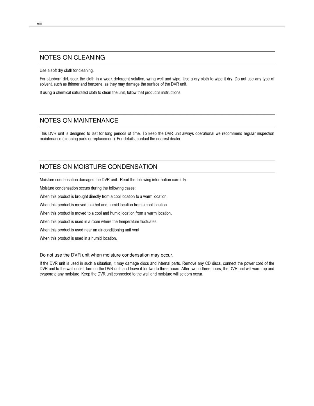 Toshiba HVR16-X, HVR32-X, HVR8-X user manual Viii, Do not use the DVR unit when moisture condensation may occur 