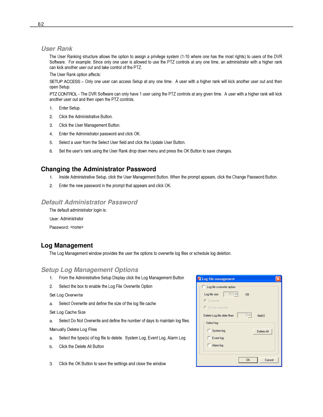 Toshiba HVR16-X, HVR32-X User Rank, Changing the Administrator Password, Default Administrator Password, Log Management 