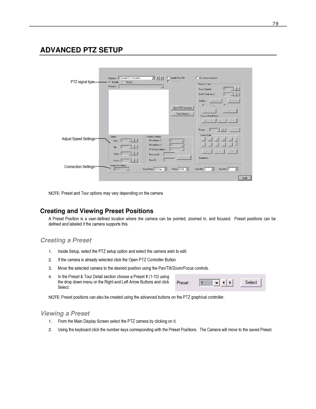 Toshiba HVR8-X, HVR32-X Advanced PTZ Setup, Creating and Viewing Preset Positions, Creating a Preset, Viewing a Preset 