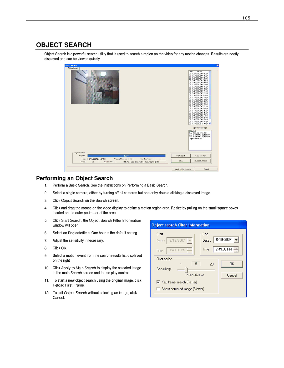 Toshiba HVS32-480-X, XVS4-120-X, XVS16-240-X Performing an Object Search, 105, Click Object Search on the Search screen 