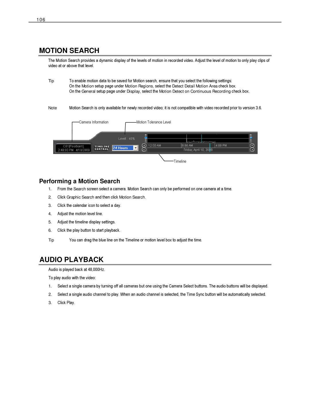 Toshiba XVS4-120-X Audio Playback, Performing a Motion Search, 106, Click Graphic Search and then click Motion Search 