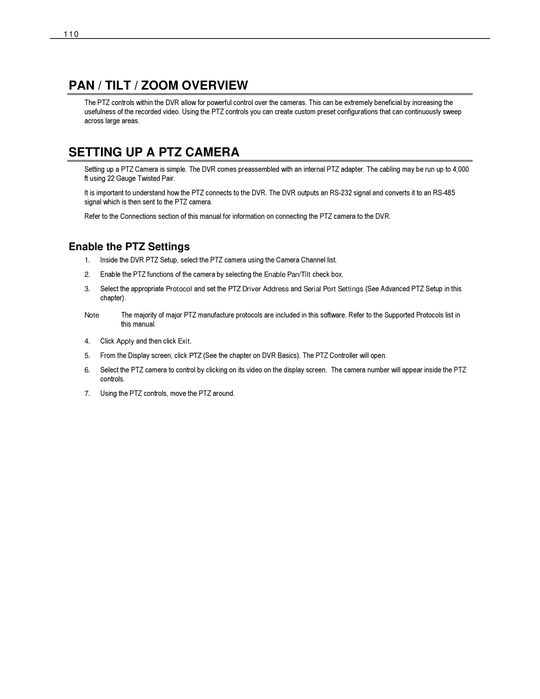 Toshiba HVS32-240-X, HVS32-480-X PAN / Tilt / Zoom Overview, Setting UP a PTZ Camera, Enable the PTZ Settings, 110 