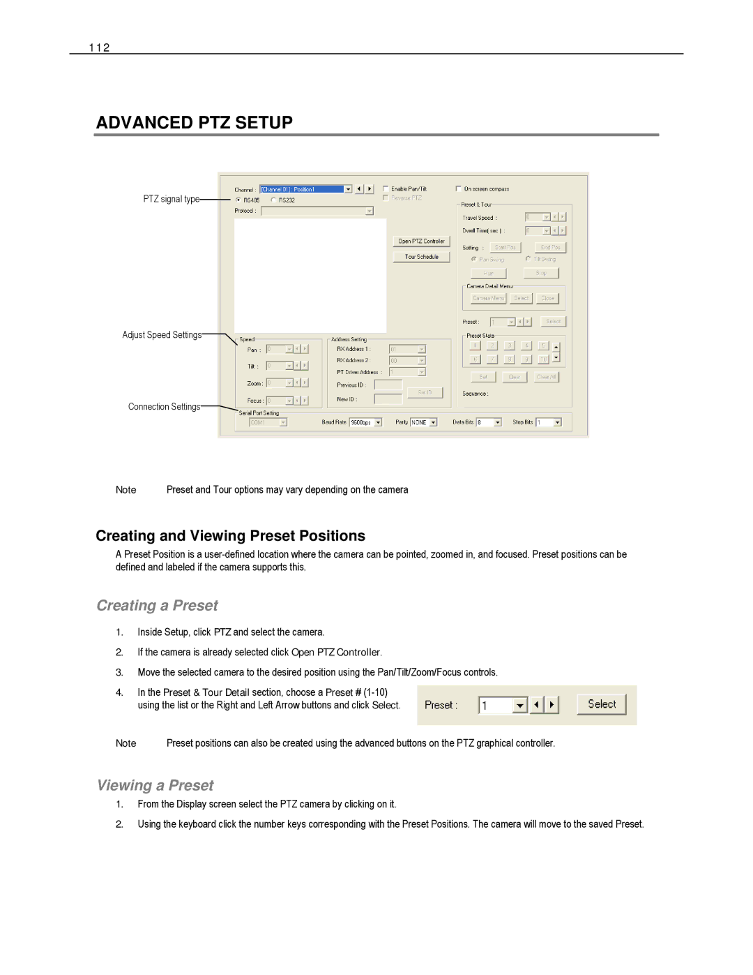 Toshiba HVS16-480-X Advanced PTZ Setup, Creating and Viewing Preset Positions, Creating a Preset, Viewing a Preset, 112 