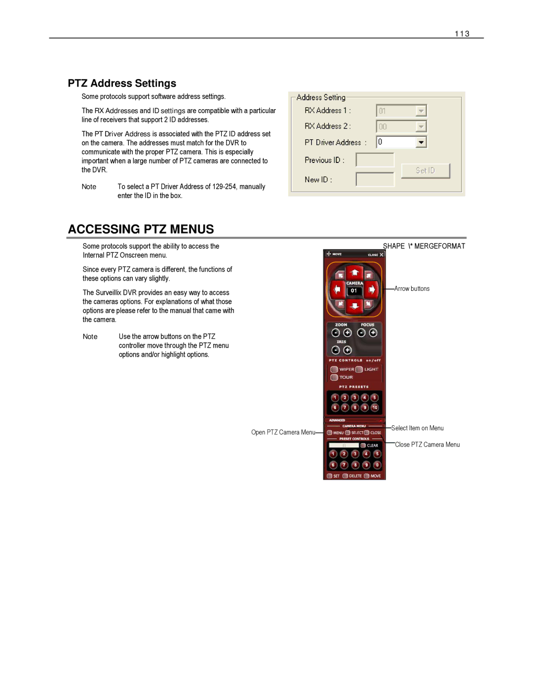 Toshiba DVS8-240-X, HVS32-480-X, XVS4-120-X, XVS16-240-X, XVS16-240V-X Accessing PTZ Menus, PTZ Address Settings, 113 