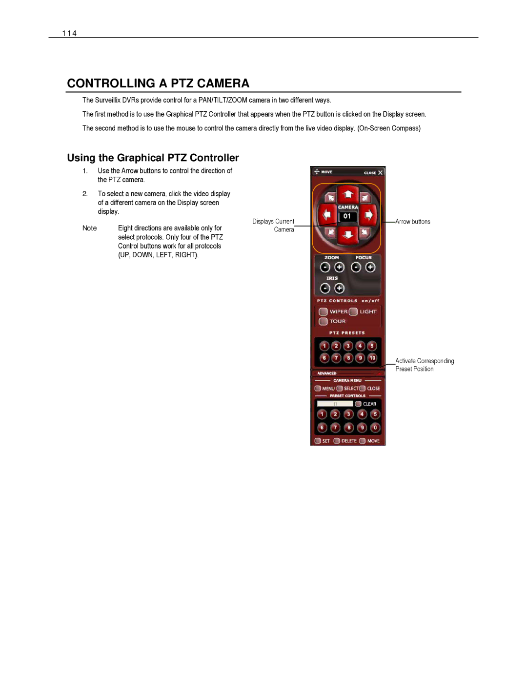 Toshiba DVS8-240H-X, HVS32-480-X, XVS4-120-X, XVS16-240-X Controlling a PTZ Camera, Using the Graphical PTZ Controller, 114 