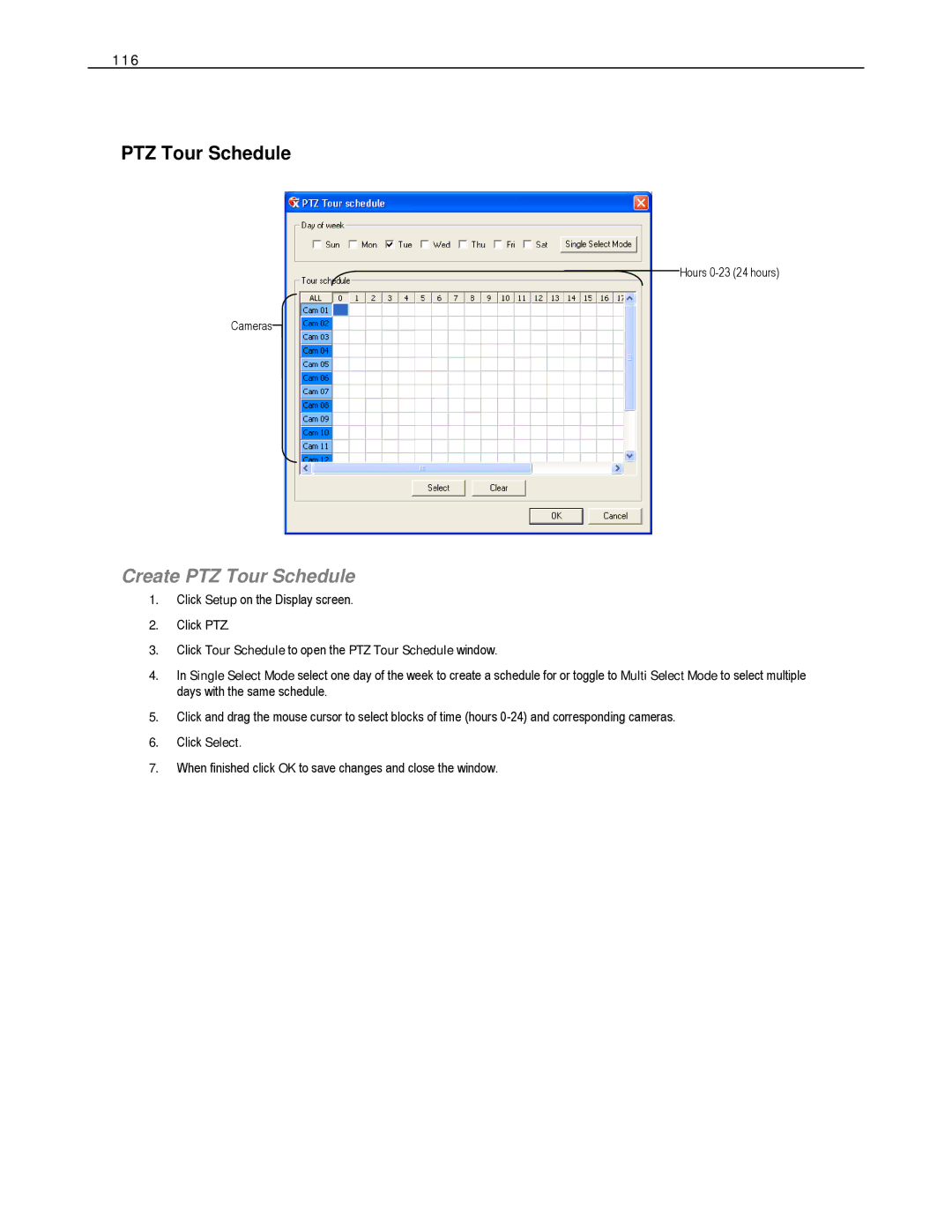 Toshiba DVS16-480-X user manual Create PTZ Tour Schedule, 116, Click Tour Schedule to open the PTZ Tour Schedule window 