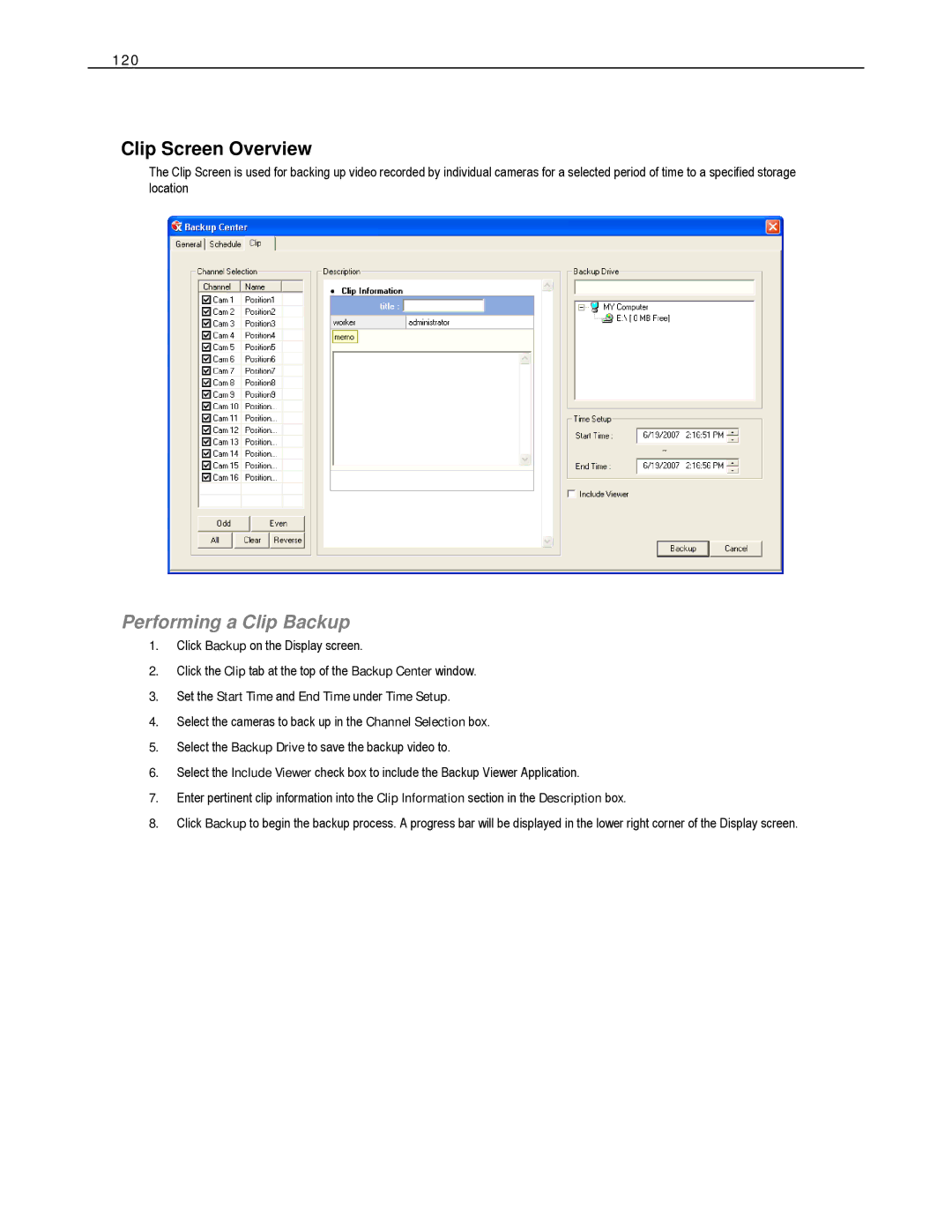 Toshiba HVS32-480-X Clip Screen Overview, Performing a Clip Backup, 120, Set the Start Time and End Time under Time Setup 