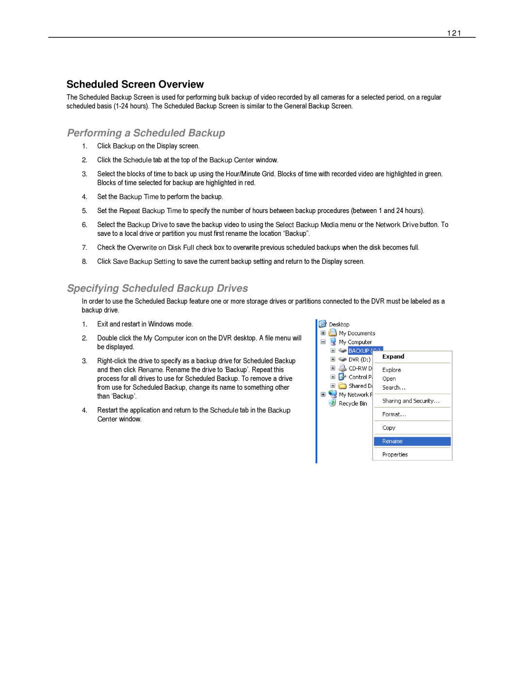 Toshiba XVS4-120-X Scheduled Screen Overview, Performing a Scheduled Backup, Specifying Scheduled Backup Drives, 121 