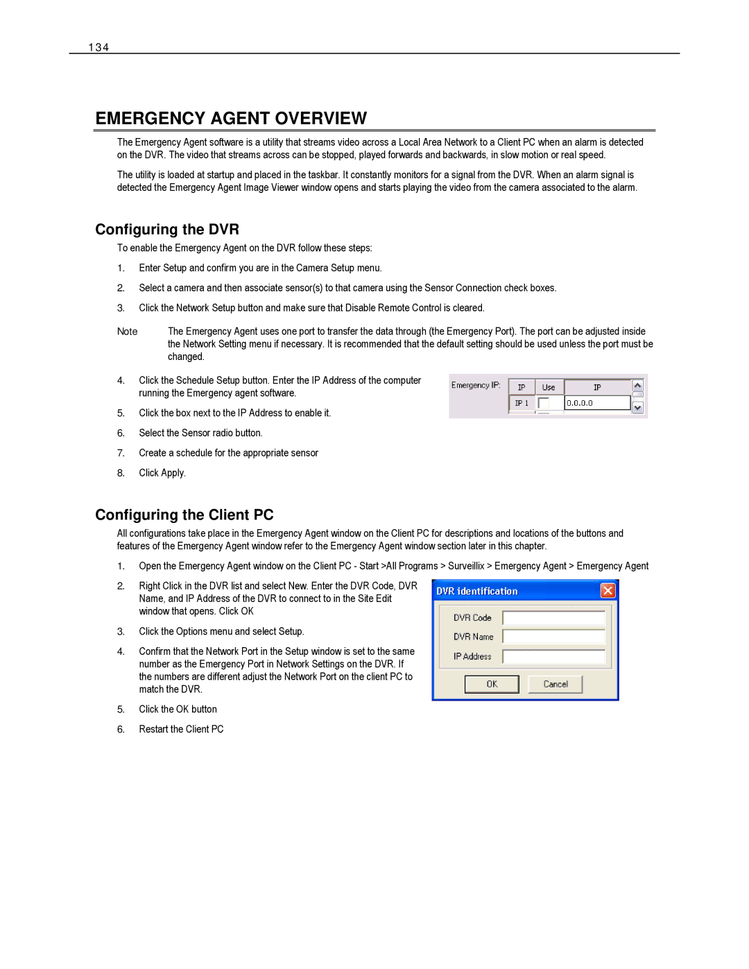 Toshiba XVS - DVS - HVS Digital Video Recorder Emergency Agent Overview, Configuring the DVR, Configuring the Client PC 