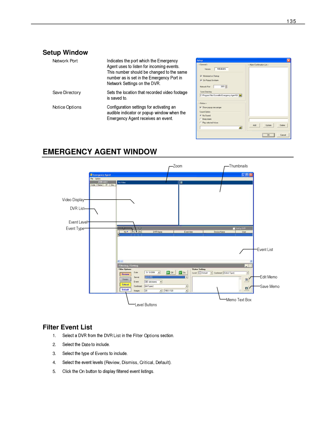 Toshiba HVS32-480-X, XVS4-120-X, XVS16-240-X, XVS16-240V-X user manual Emergency Agent Window, Setup Window, Filter Event List 