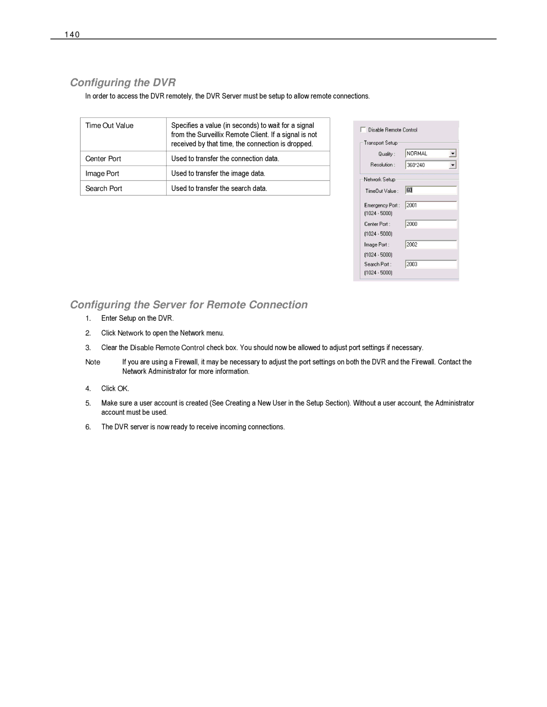 Toshiba HVS32-240-X, HVS32-480-X, XVS4-120-X Configuring the DVR, Configuring the Server for Remote Connection, 140 