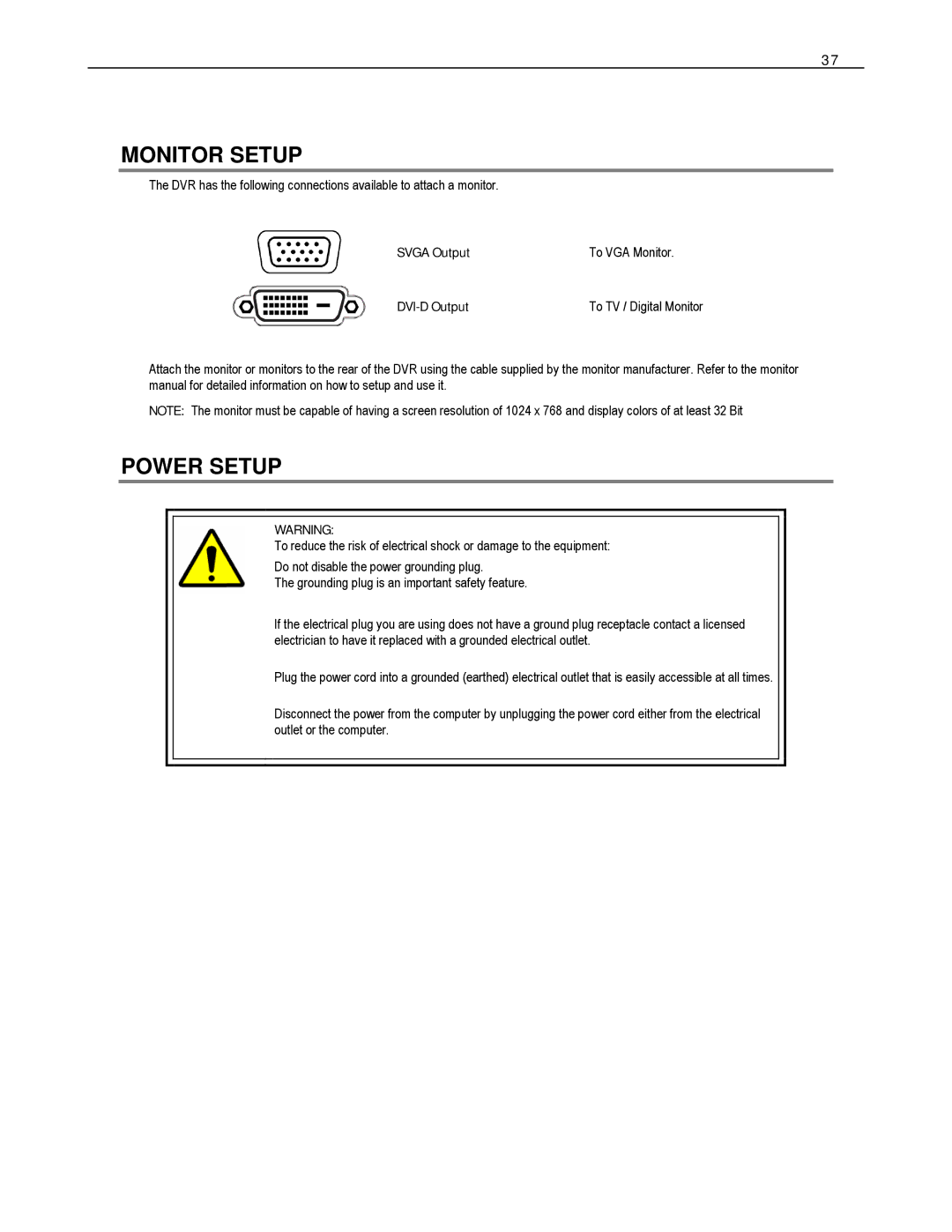 Toshiba HVS16-480-X, HVS32-480-X, XVS4-120-X, XVS16-240-X, XVS16-240V-X Monitor Setup, Power Setup, Svga Output, DVI-D Output 