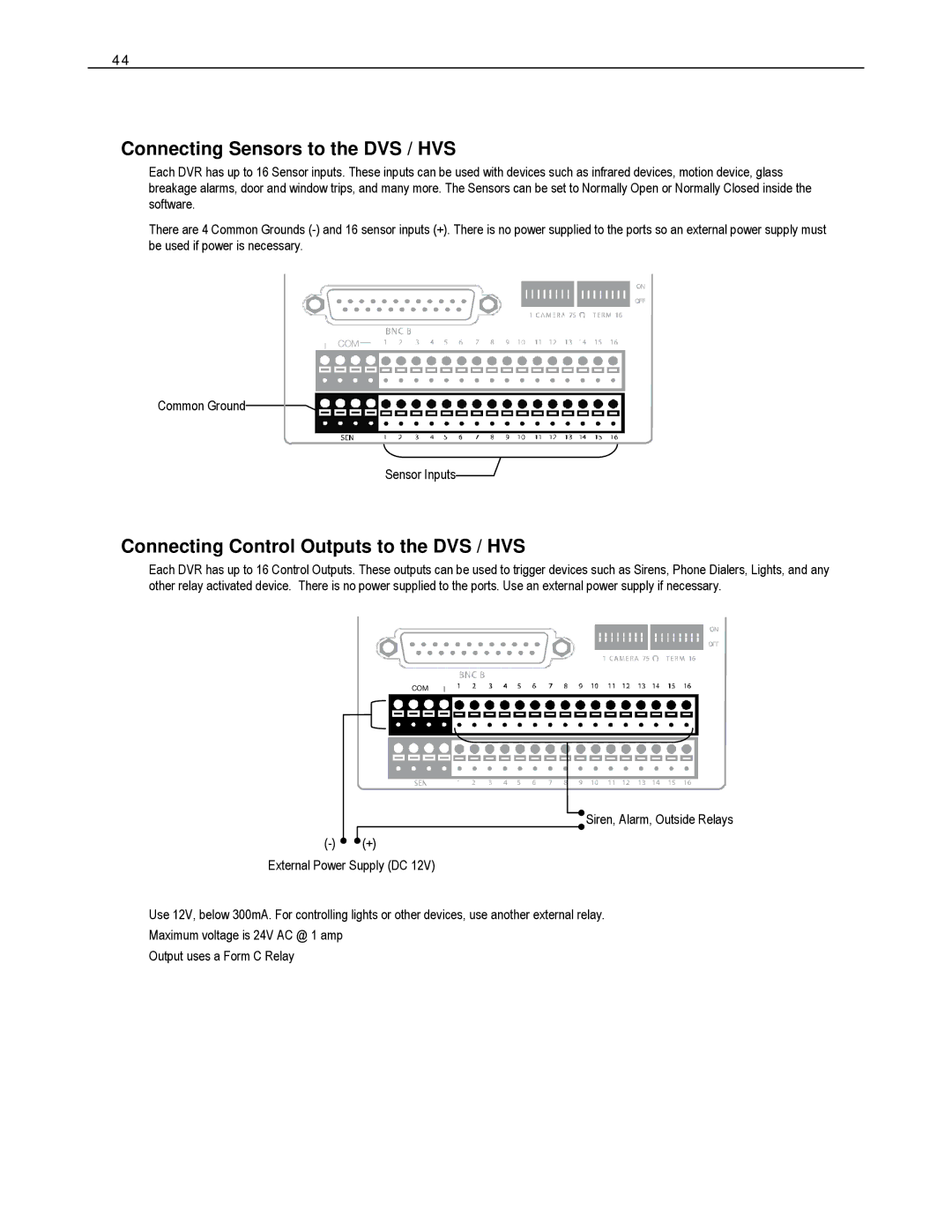 Toshiba XVS - DVS - HVS Digital Video Recorder, HVS32-480-X, XVS4-120-X, XVS16-240-X Connecting Sensors to the DVS / HVS 