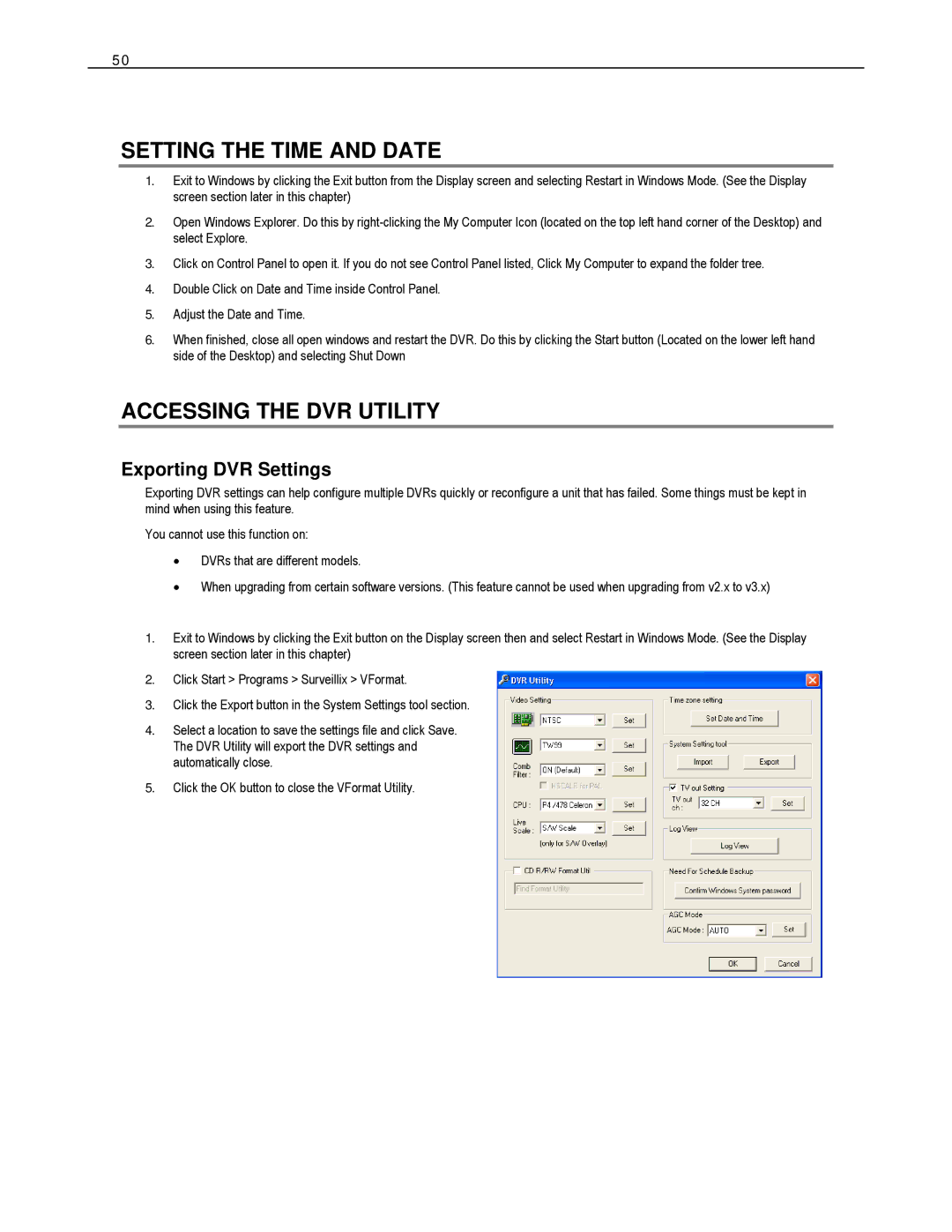 Toshiba HVS32-240-X, HVS32-480-X, XVS4-120-X Setting the Time and Date, Accessing the DVR Utility, Exporting DVR Settings 