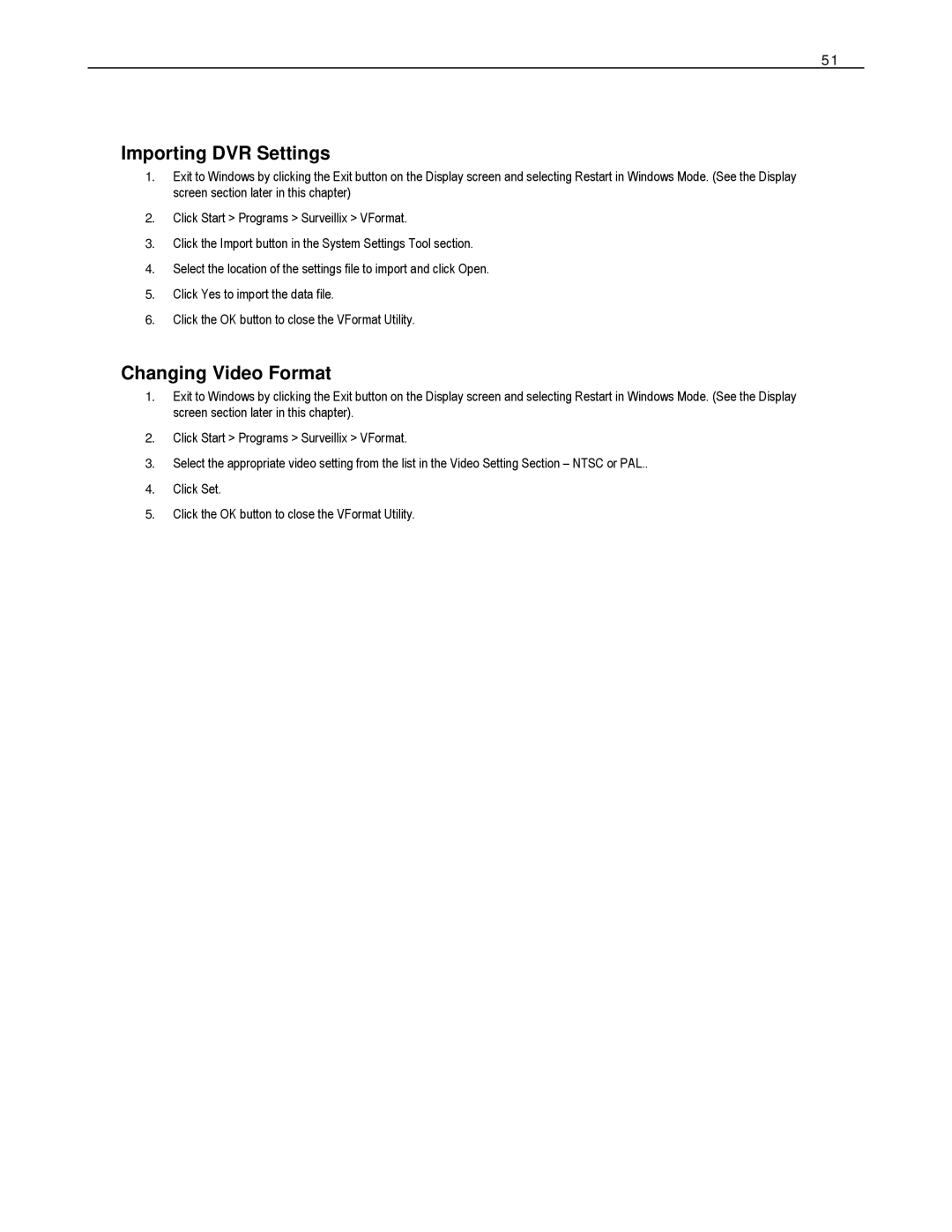 Toshiba HVS16-240-X, HVS32-480-X, XVS4-120-X, XVS16-240-X, XVS16-240V-X Importing DVR Settings, Changing Video Format 