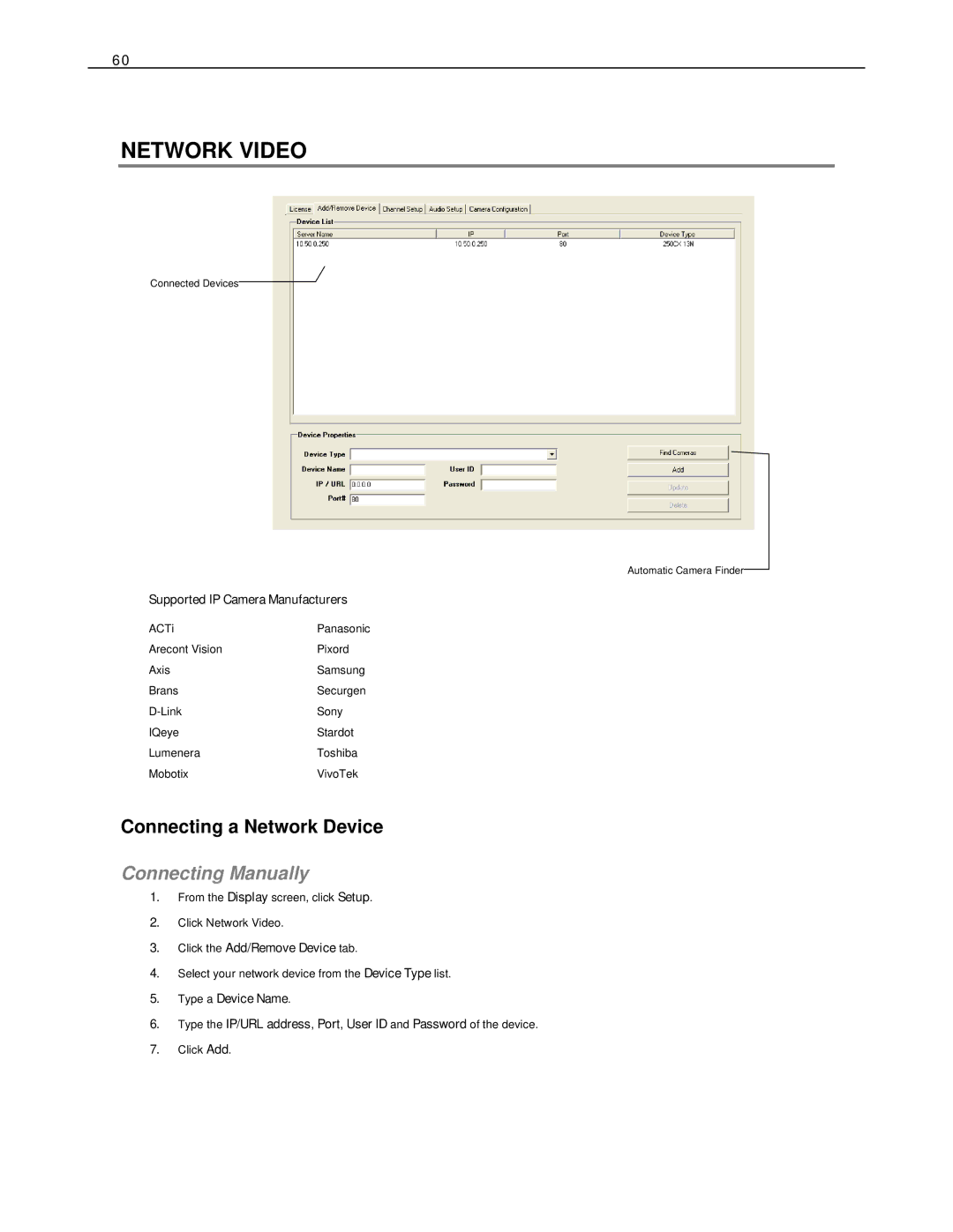 Toshiba HVS32-480-X Network Video, Connecting a Network Device, Connecting Manually, Supported IP Camera Manufacturers 