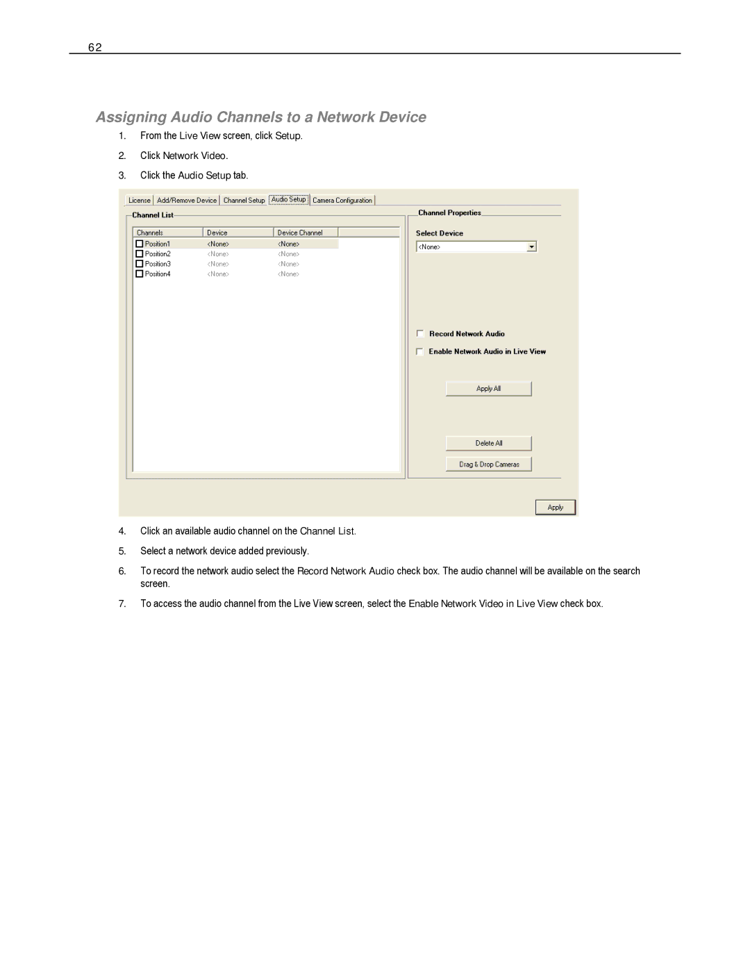 Toshiba XVS16-240-X, HVS32-480-X, XVS4-120-X, XVS16-240V-X, HVS16-480H-X Assigning Audio Channels to a Network Device 