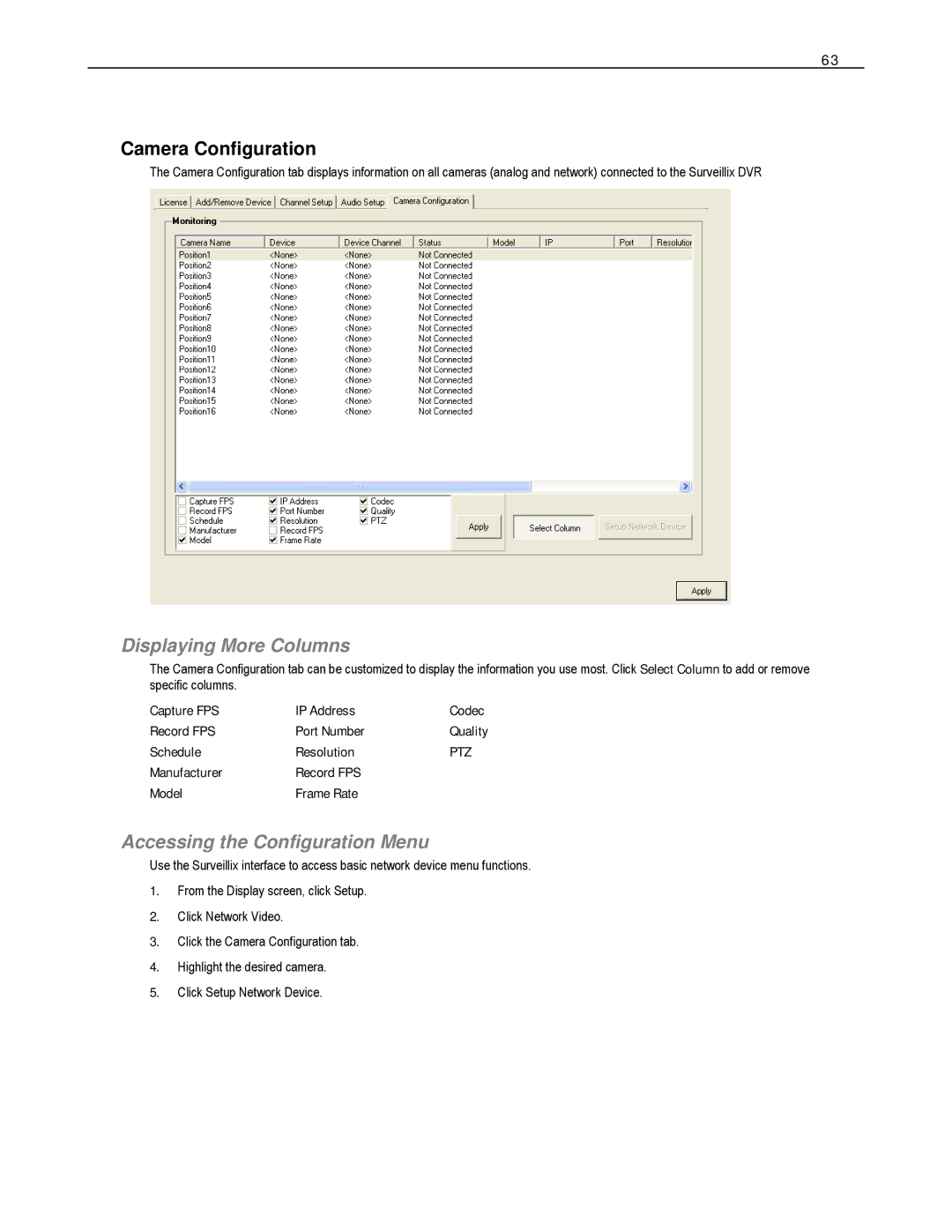 Toshiba XVS16-240V-X, HVS32-480-X Camera Configuration, Displaying More Columns, Accessing the Configuration Menu 