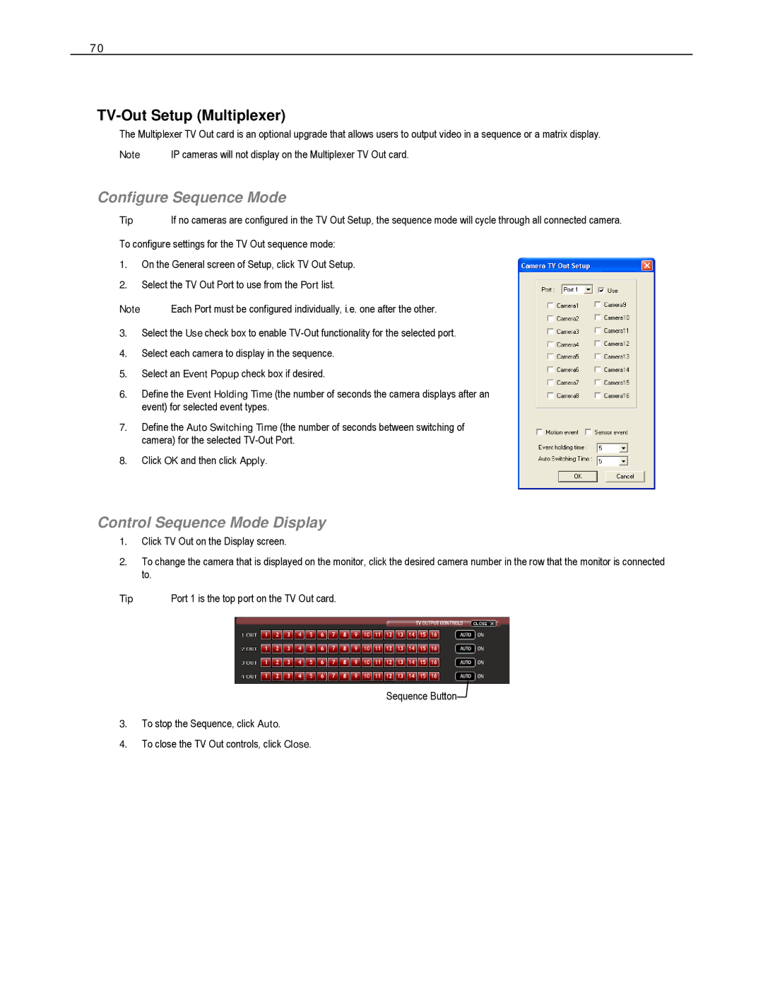 Toshiba DVS32-240-X, HVS32-480-X TV-Out Setup Multiplexer, Configure Sequence Mode, Control Sequence Mode Display 