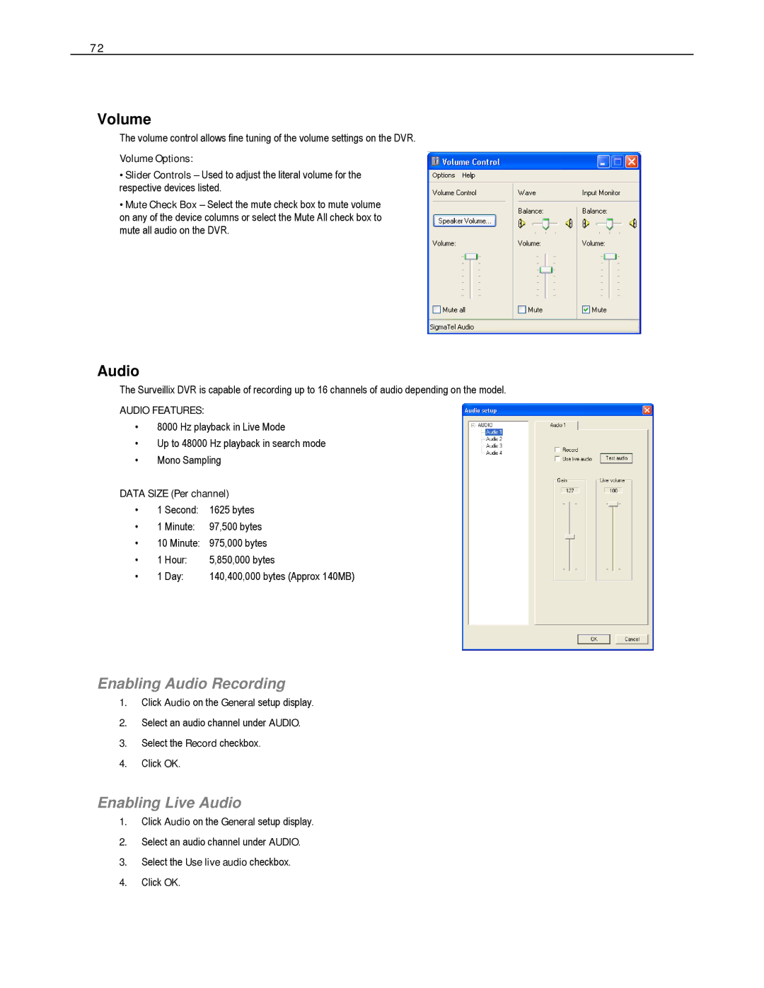 Toshiba DVS16-480H-X, HVS32-480-X, XVS4-120-X, XVS16-240-X Volume, Enabling Audio Recording, Enabling Live Audio 