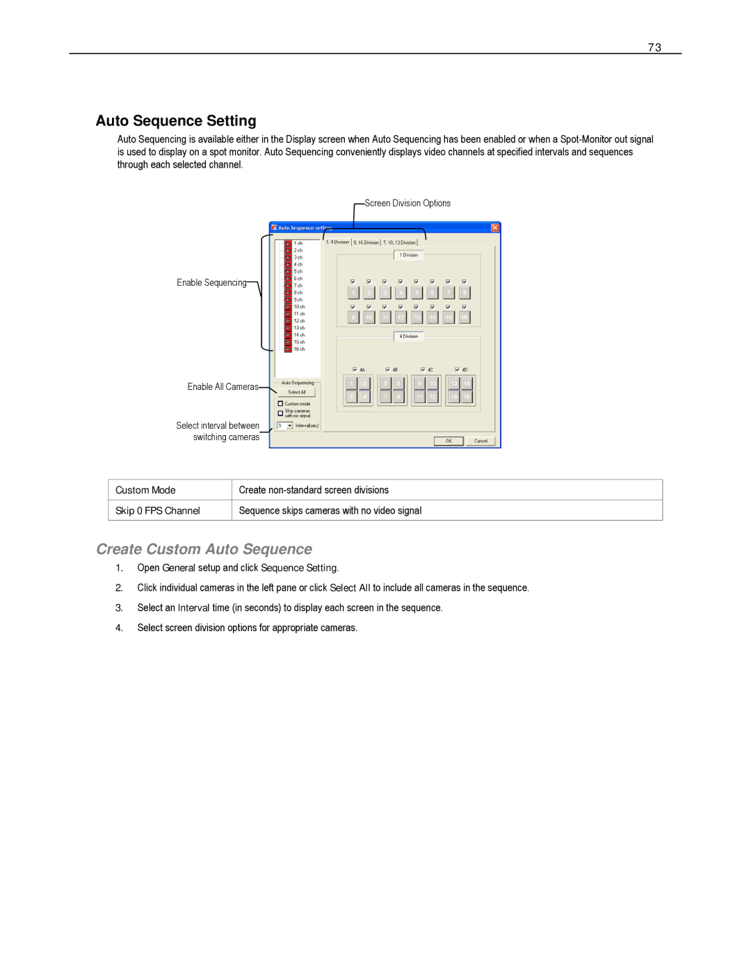 Toshiba DVS32-480-X, HVS32-480-X Auto Sequence Setting, Create Custom Auto Sequence, Custom Mode, Skip 0 FPS Channel 