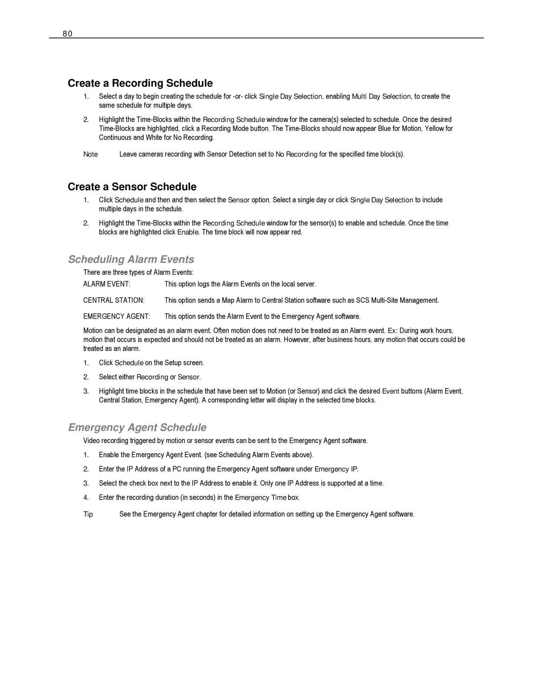 Toshiba HVS32-240-X, HVS32-480-X, XVS4-120-X Create a Recording Schedule, Create a Sensor Schedule, Scheduling Alarm Events 