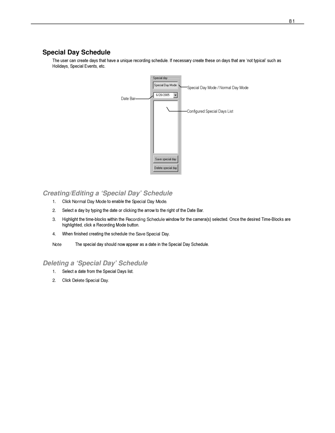 Toshiba HVS16-240-X Special Day Schedule, Creating/Editing a ‘Special Day’ Schedule, Deleting a ‘Special Day’ Schedule 