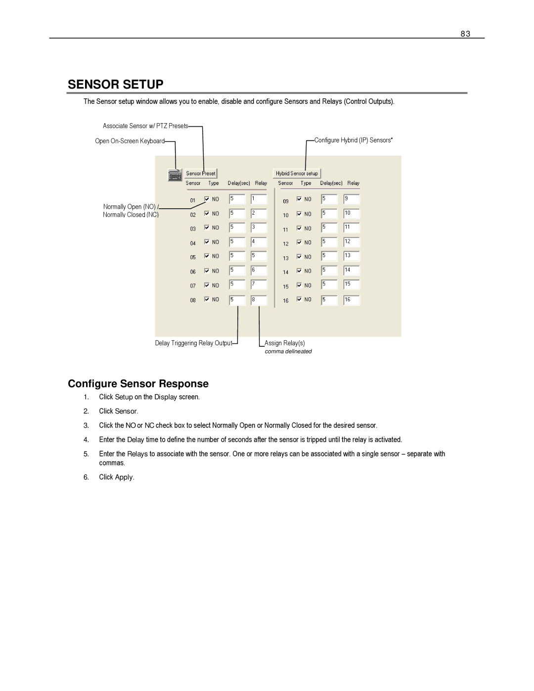 Toshiba DVS8-240-X, HVS32-480-X, XVS4-120-X, XVS16-240-X, XVS16-240V-X, HVS16-480H-X Sensor Setup, Configure Sensor Response 