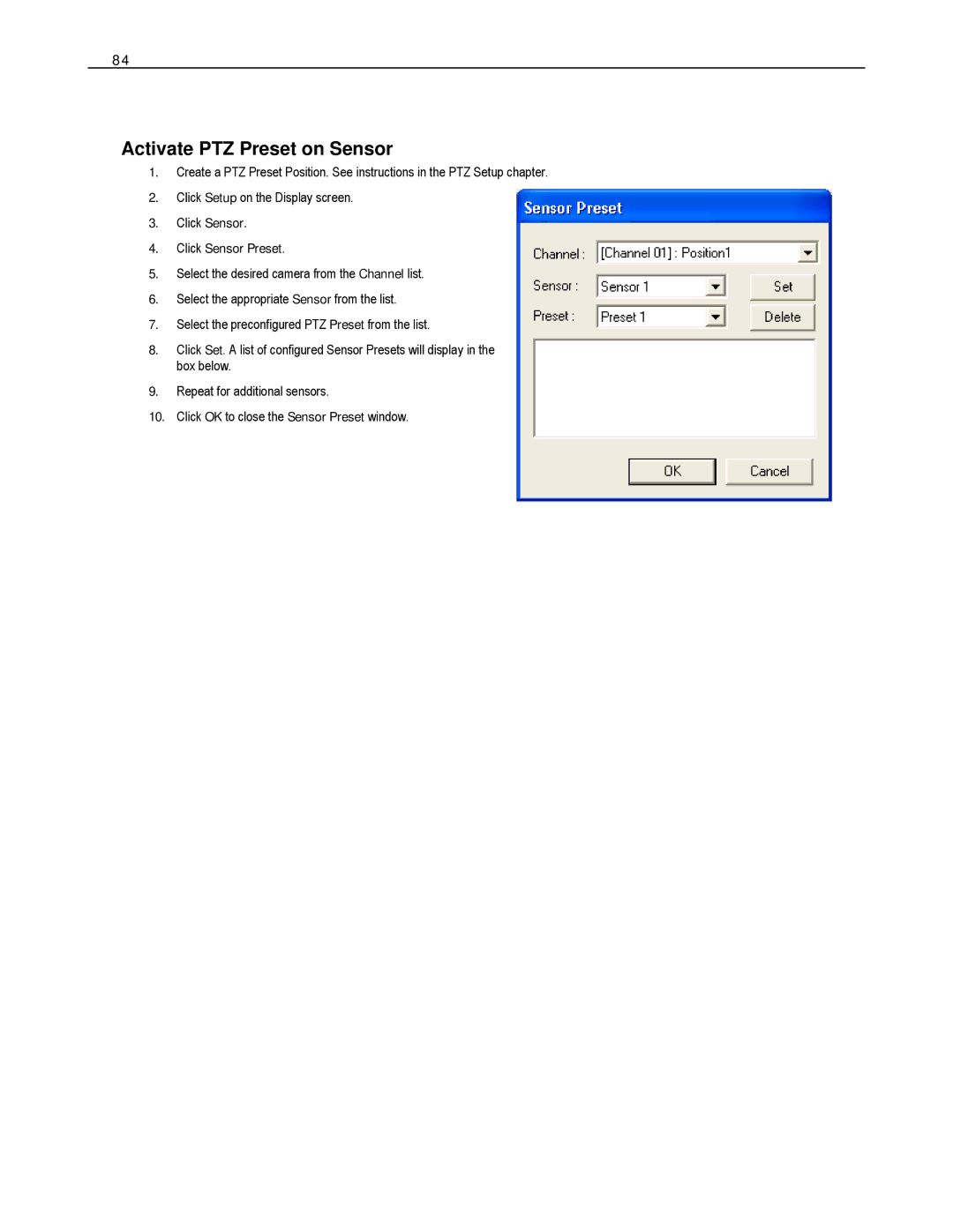 Toshiba DVS8-240H-X, HVS32-480-X, XVS4-120-X, XVS16-240-X Activate PTZ Preset on Sensor, Click Sensor Click Sensor Preset 