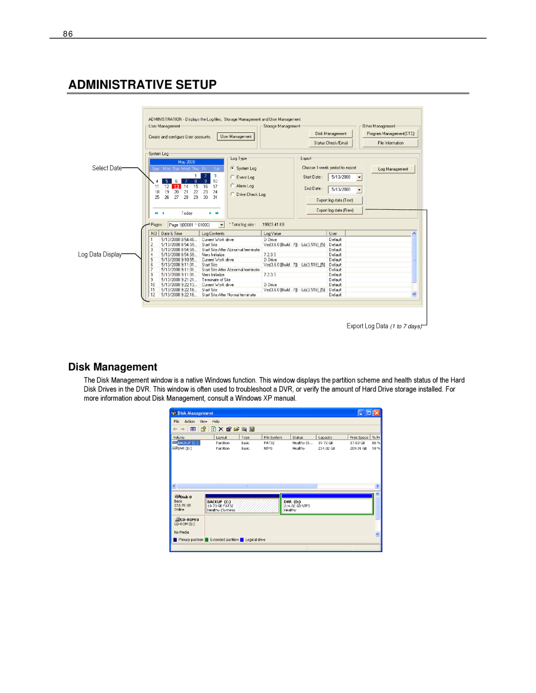 Toshiba DVS16-480-X, HVS32-480-X, XVS4-120-X, XVS16-240-X, XVS16-240V-X, HVS16-480H-X Administrative Setup, Disk Management 