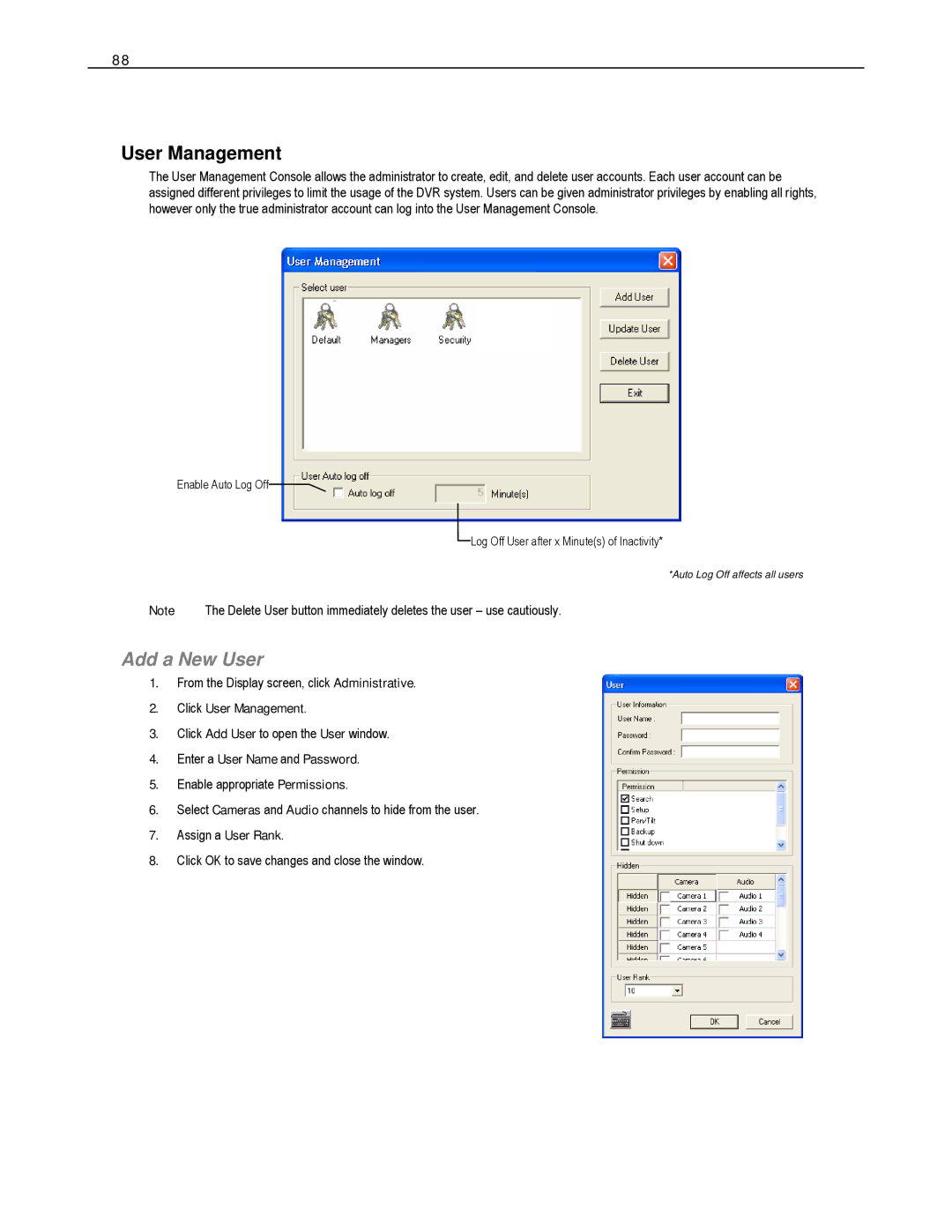 Toshiba DVS32-480-X, HVS32-480-X, XVS4-120-X Add a New User, Click User Management, Enter a User Name and Password 