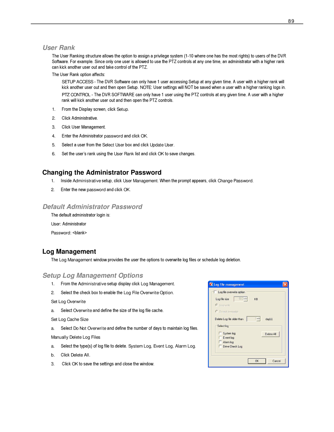 Toshiba XVS - DVS - HVS Digital Video Recorder, HVS32-480-X User Rank, Changing the Administrator Password, Log Management 