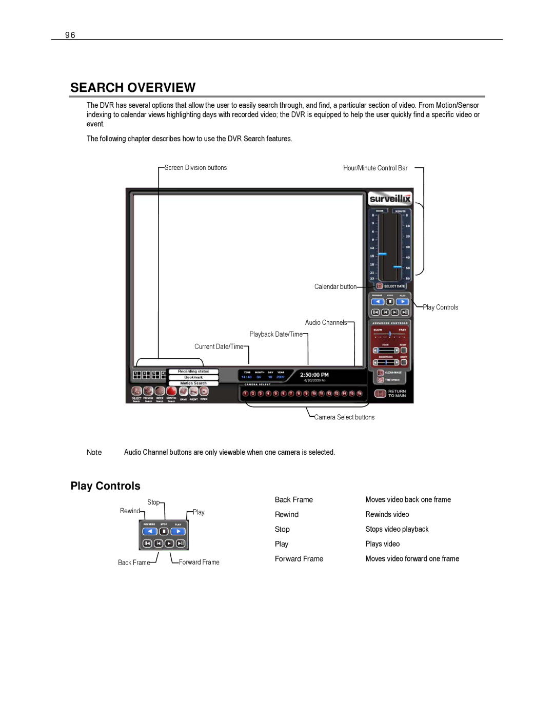 Toshiba HVS16-240-X, HVS32-480-X, XVS4-120-X Search Overview, Play Controls, Back Frame Moves video back one frame 