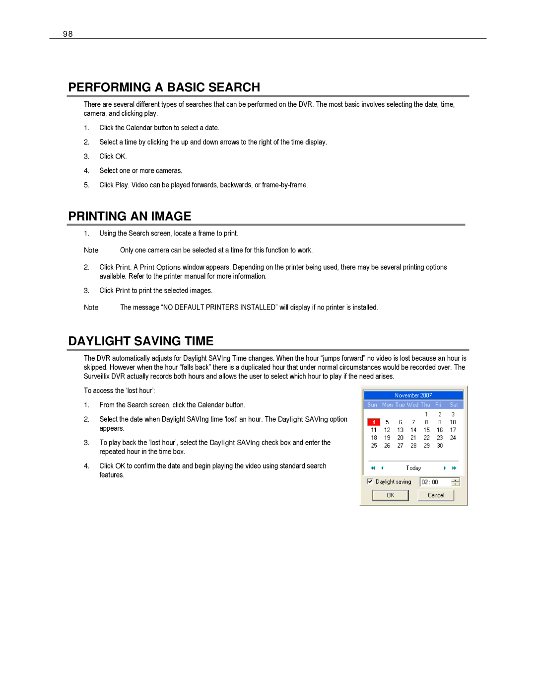 Toshiba DVS8-240-X, HVS32-480-X, XVS4-120-X, XVS16-240-X Performing a Basic Search, Printing AN Image, Daylight Saving Time 