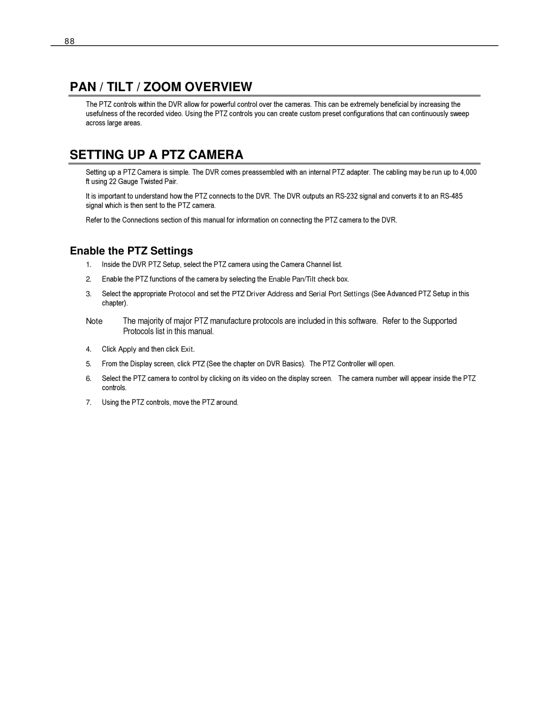 Toshiba DVS32-240-X, HVS32-480-X, XVS4-120-X PAN / Tilt / Zoom Overview, Setting UP a PTZ Camera, Enable the PTZ Settings 