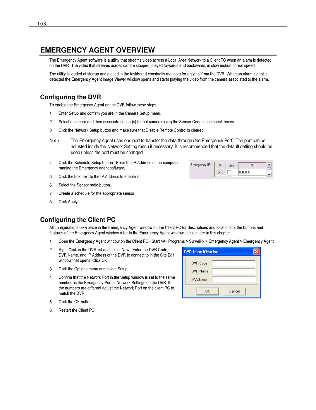 Toshiba XVS16-240-X, HVS32-480-X, XVS4-120-X Emergency Agent Overview, Configuring the DVR, Configuring the Client PC, 108 