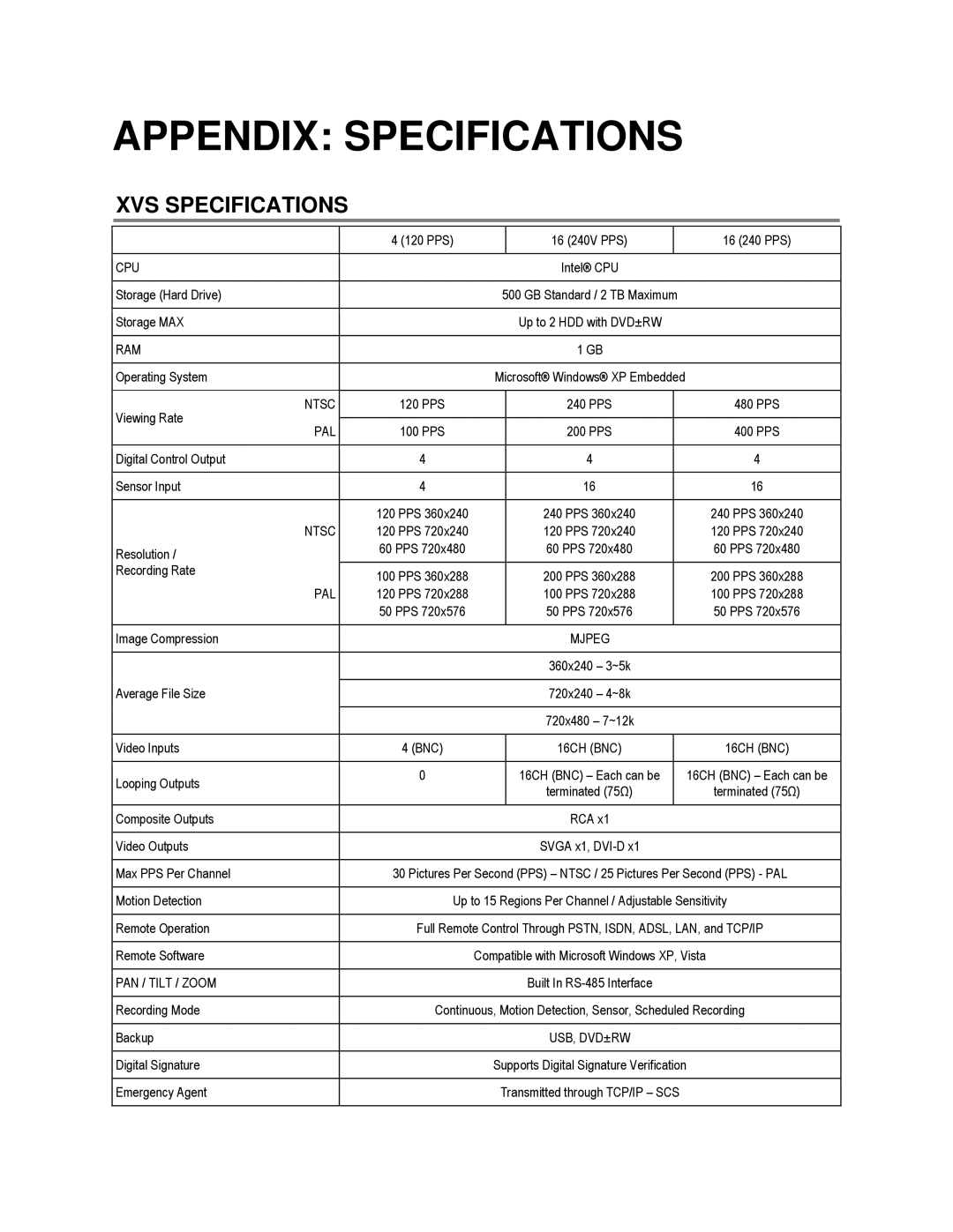 Toshiba DVS32-480-X, HVS32-480-X, XVS4-120-X, XVS16-240-X, XVS16-240V-X Appendix Specifications, XVS Specifications, 119 