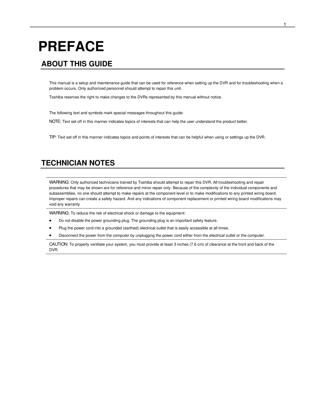 Toshiba HVS16-480-X, HVS32-480-X, XVS4-120-X, XVS16-240-X, XVS16-240V-X user manual Preface, About this Guide, Technician Notes 