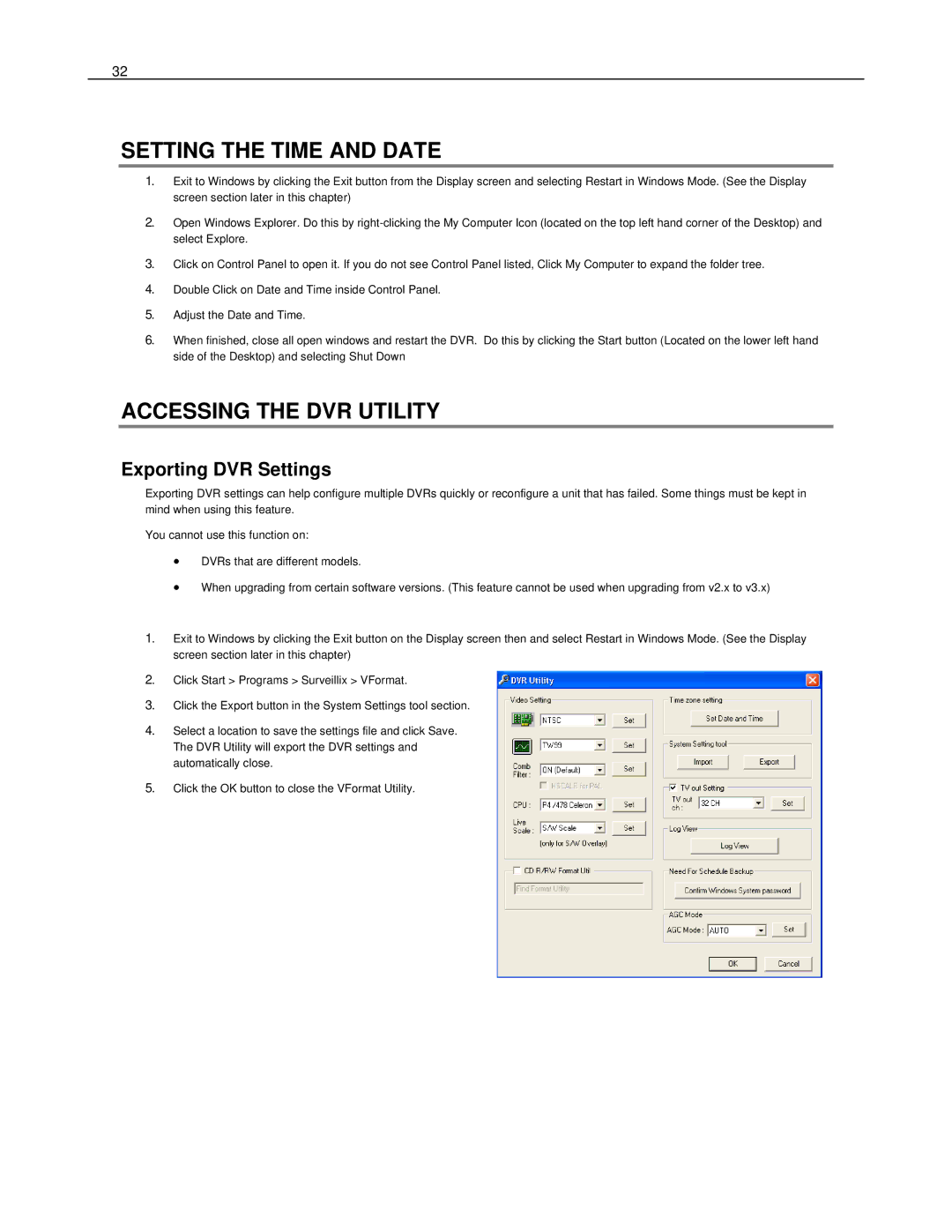 Toshiba DVS32-240-X, HVS32-480-X, XVS4-120-X Setting the Time and Date, Accessing the DVR Utility, Exporting DVR Settings 