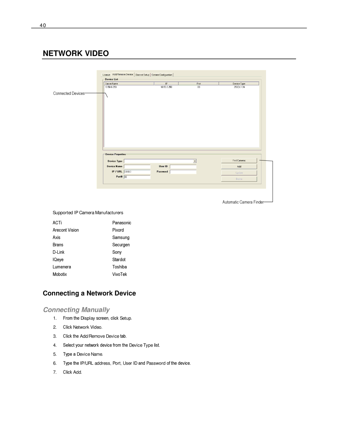 Toshiba HVS16-480H-X Network Video, Connecting a Network Device, Connecting Manually, Supported IP Camera Manufacturers 