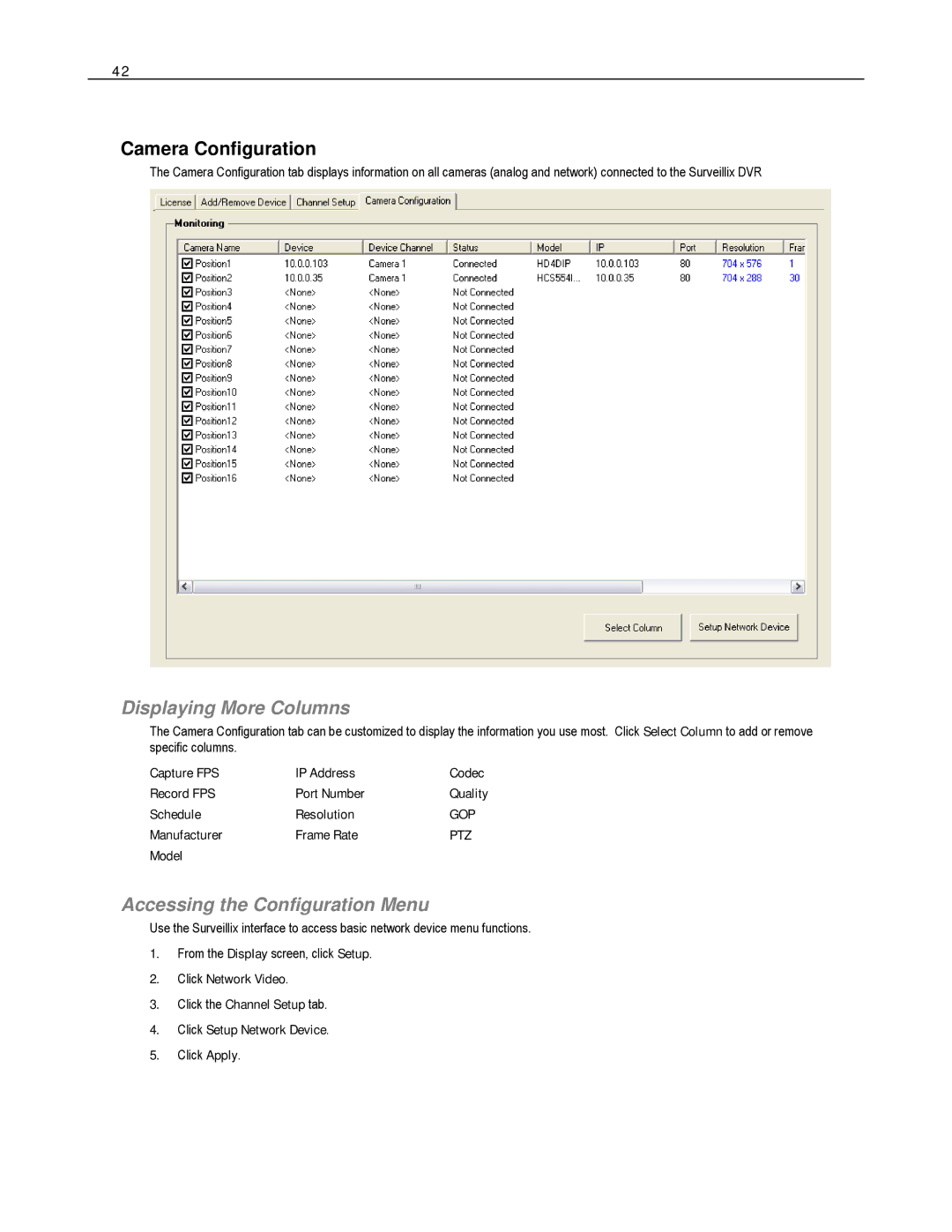 Toshiba HVS16-240-X, HVS32-480-X user manual Camera Configuration, Displaying More Columns, Accessing the Configuration Menu 